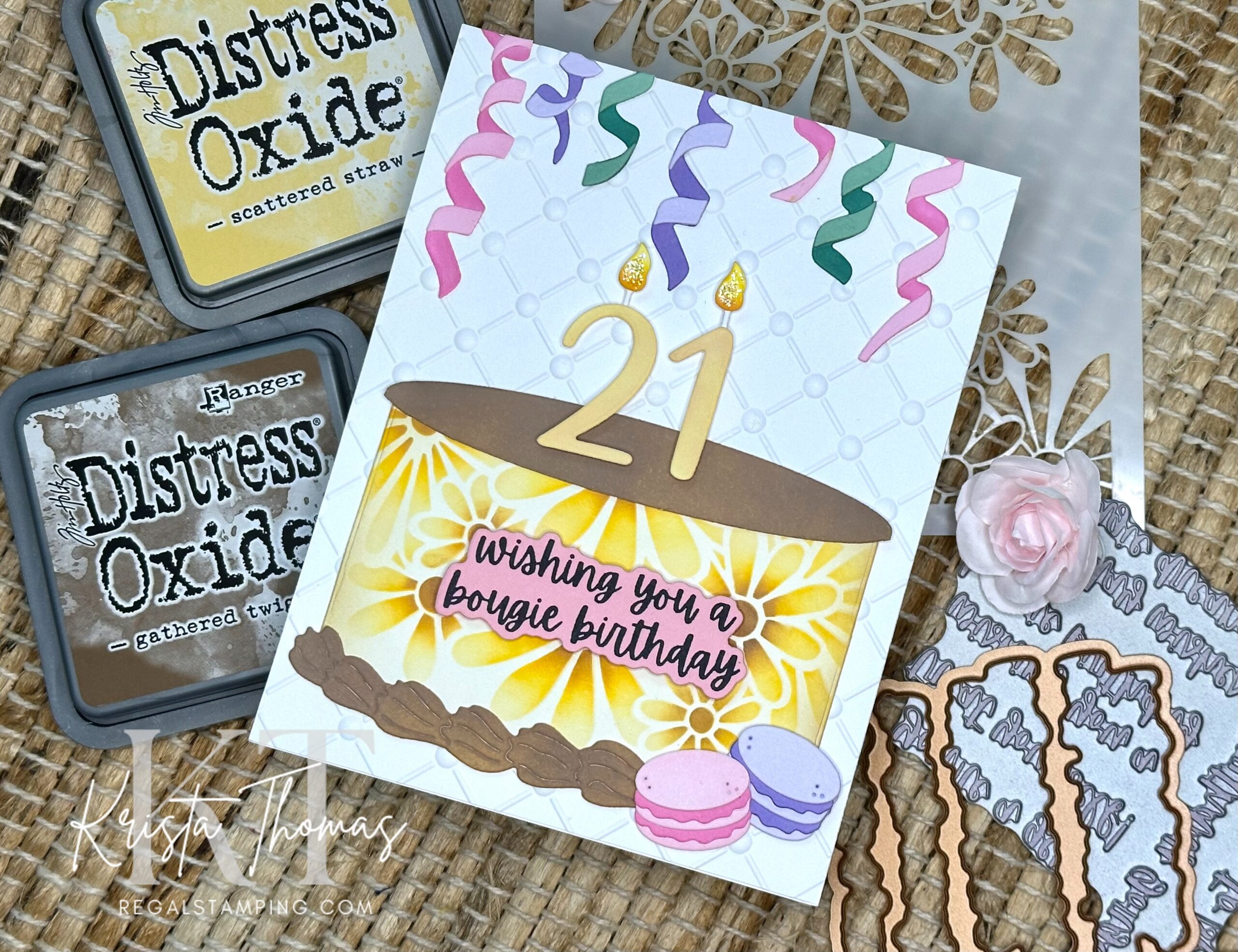 A stenciled birthday cake greeting card